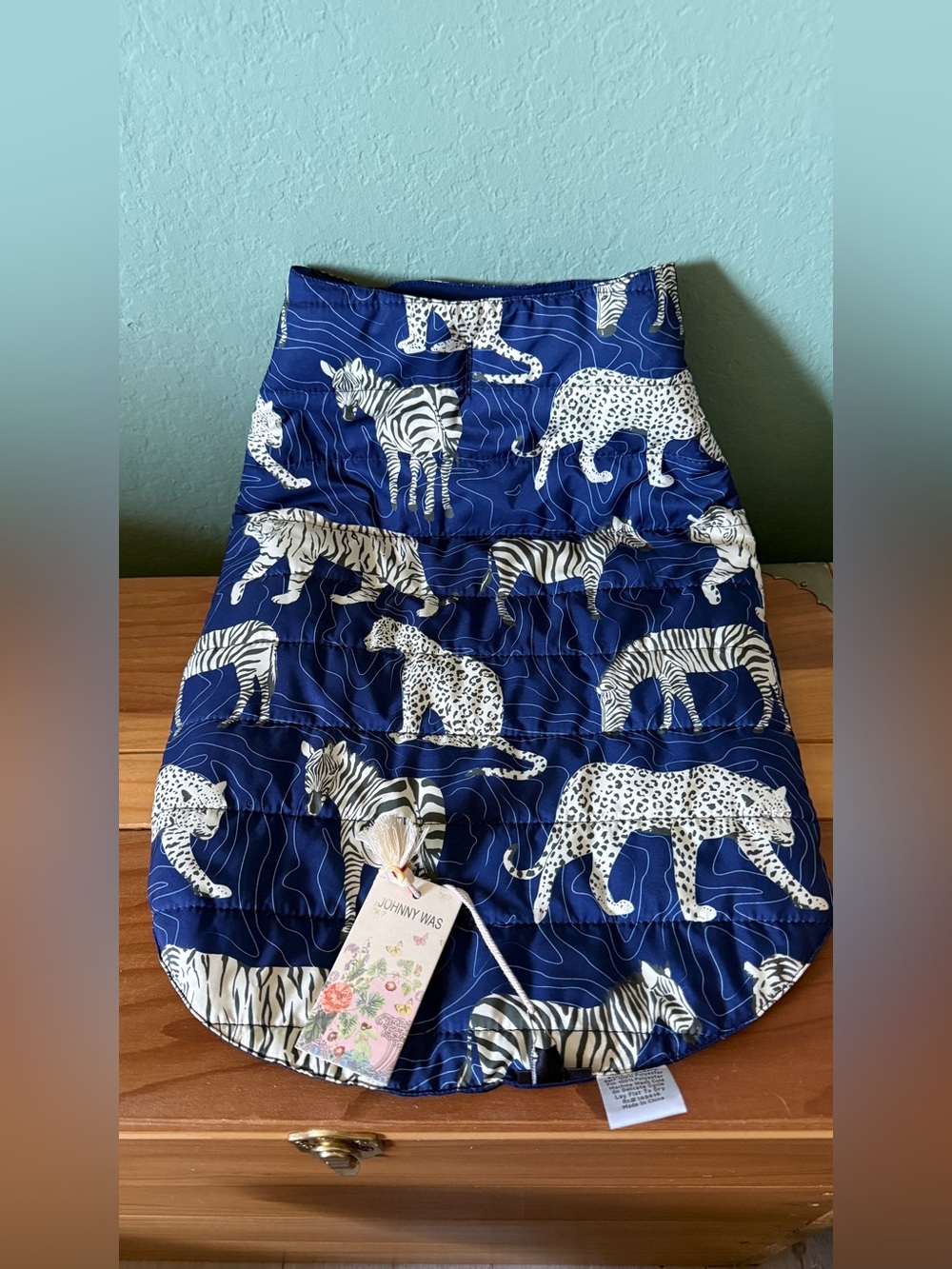 Dog Jacket Johnny Was Blue Tiger Puffer Size L NWT Zebra Leopard Print